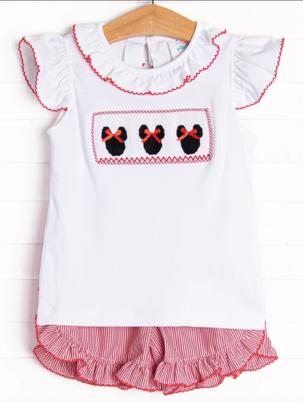 Stitchy Fish Mouse Moments Smocked Ruffle Short Set Red Stripe- 4T